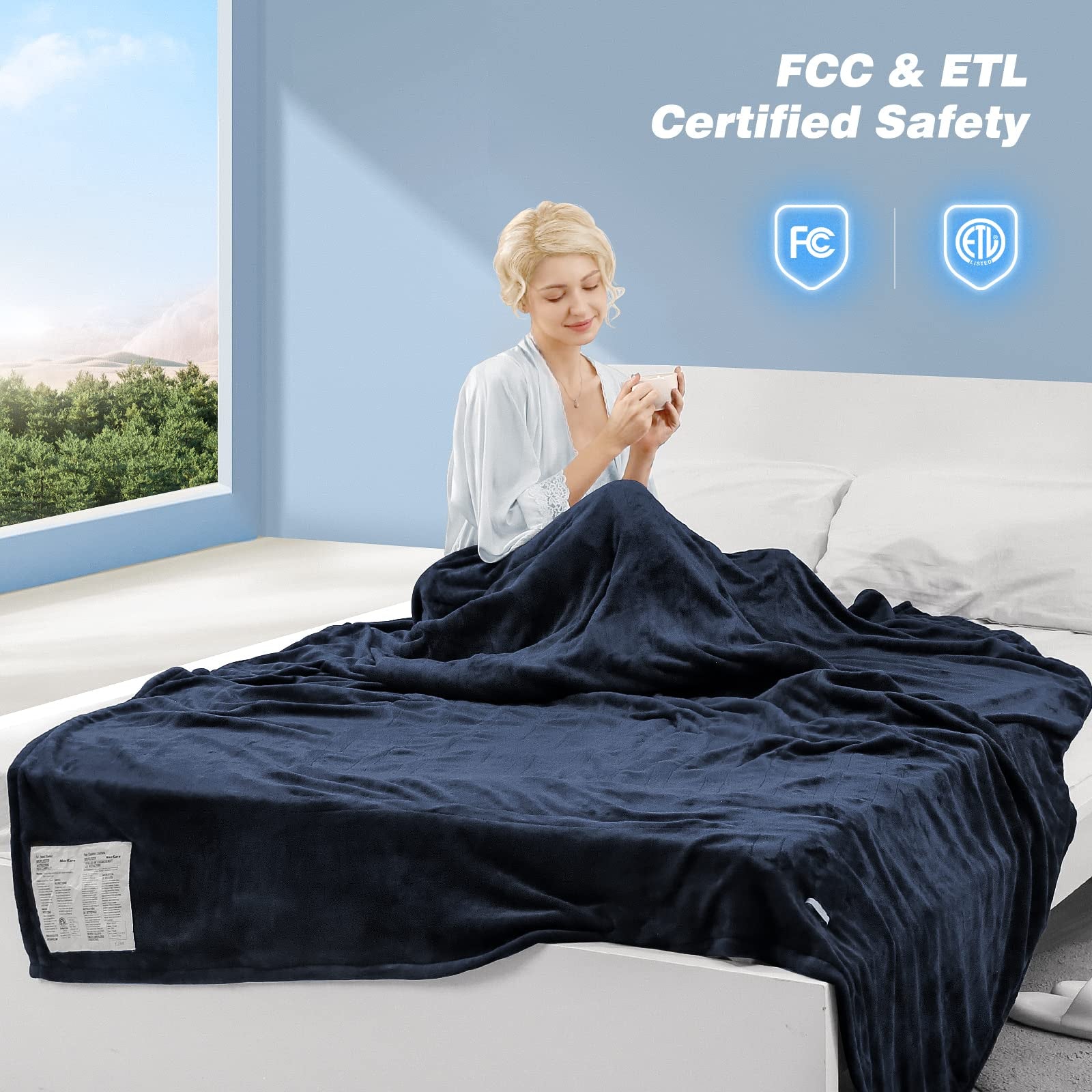 Electric Heated Blanket Twin Size 62" X 84" with 6 Heating Levels & 10H Timer, Machine Washable, Blue