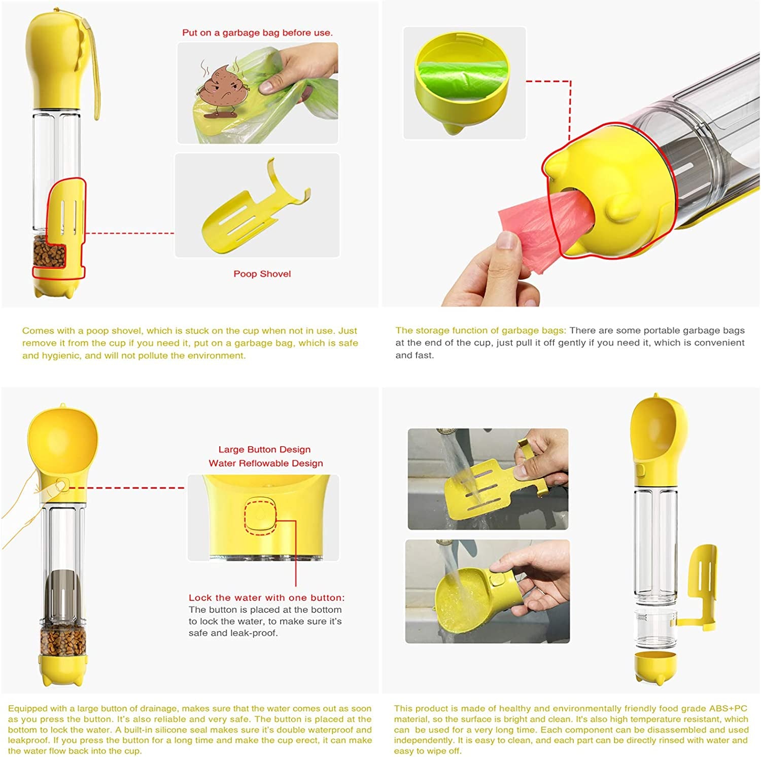 Dog Water Bottle Dispenser Portable Dog Water Bottle for Dogs Dog Travel Water Bottles for Walking with Drinking Feeder and Food Container Drinking Feeder for Pets Outdoor Hiking (Yellow)