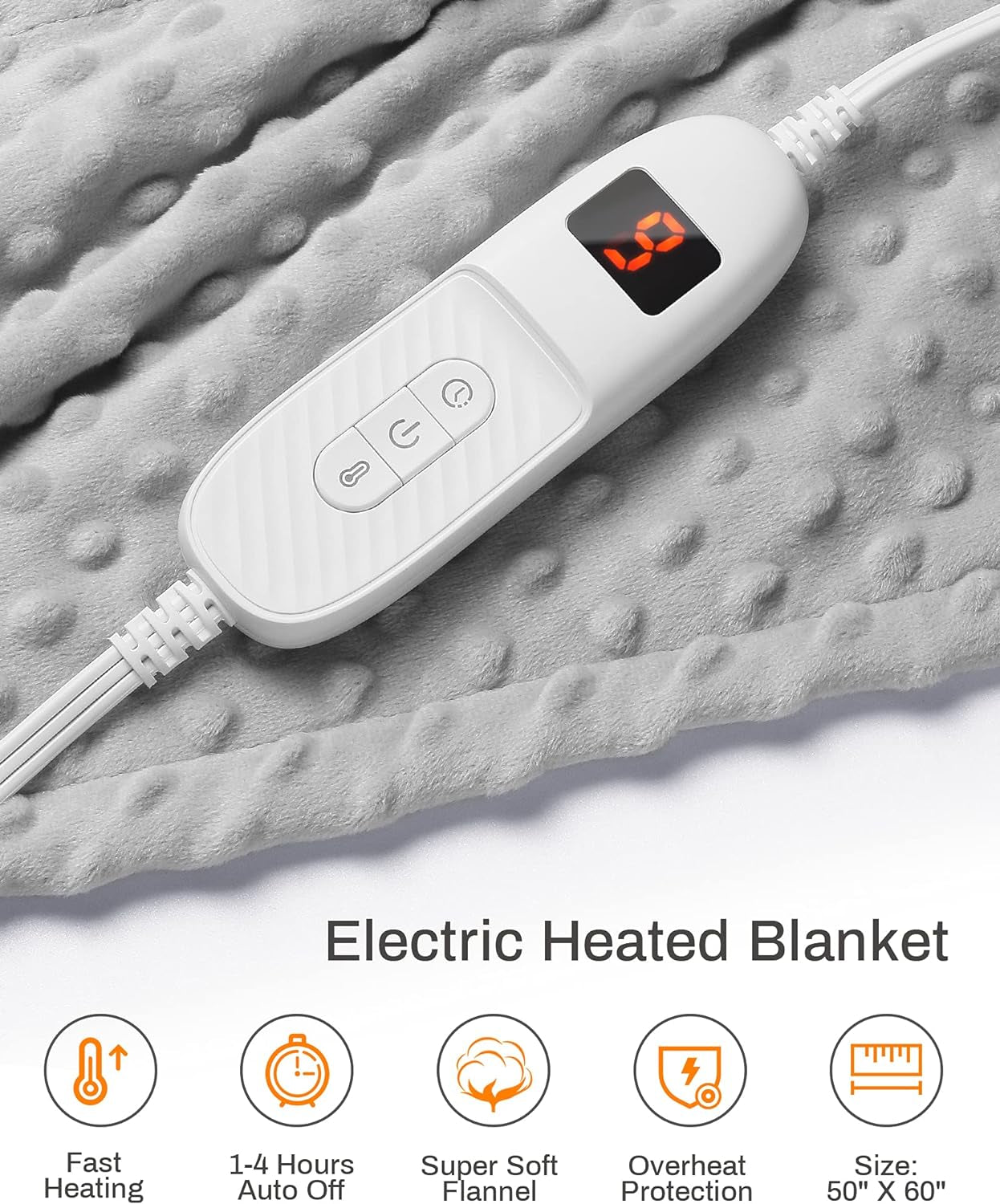 Electric Heated Throw Blanket 50" X 60" | 10 Levels Fast Heating & Machine Washable | Full Body Warming Soft Fleece Sofa Bed Blankets with Auto-Off Overheating Protection 4H Timer | Grey